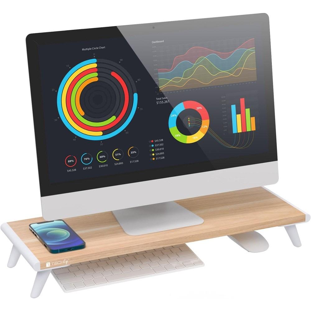 TECHly ICA-MS 389 skærmstativ til skrivebord - hvid/træ, fritstående monitorstander 54,5 cm