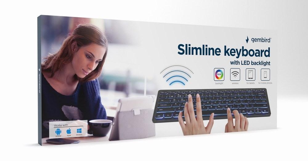 Gembird KB-BTRGB-01-DE trådløst Bluetooth mini tastatur med LED-bagbelysning, QWERTZ, tysk, sort