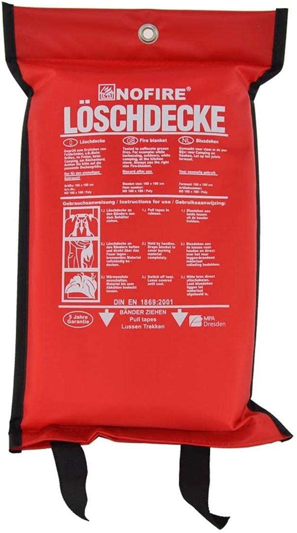 Brandtæppe NOFIRE 160 x 180 cm i rød polybag med trækstropper