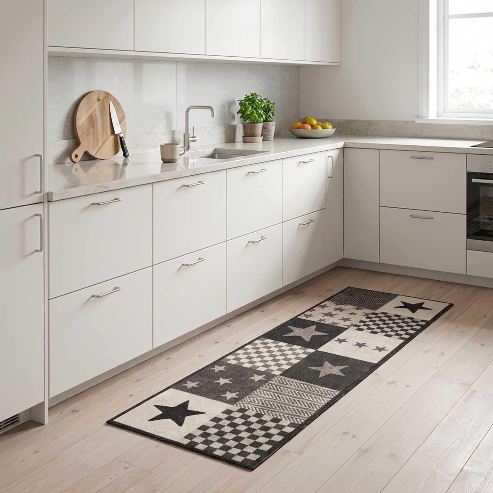 Køkkenløber med grå stjerner 300 x 60 cm - vaskbar køkkenmåtte i 100 % polyamid