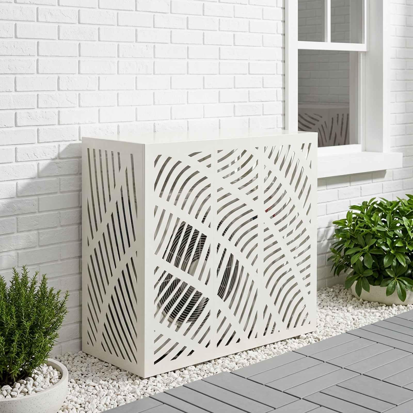 Aircondition cover i stål 110 x 50 x 105 cm - hvidt dække til udendørs AC-enhed med bølgemønster