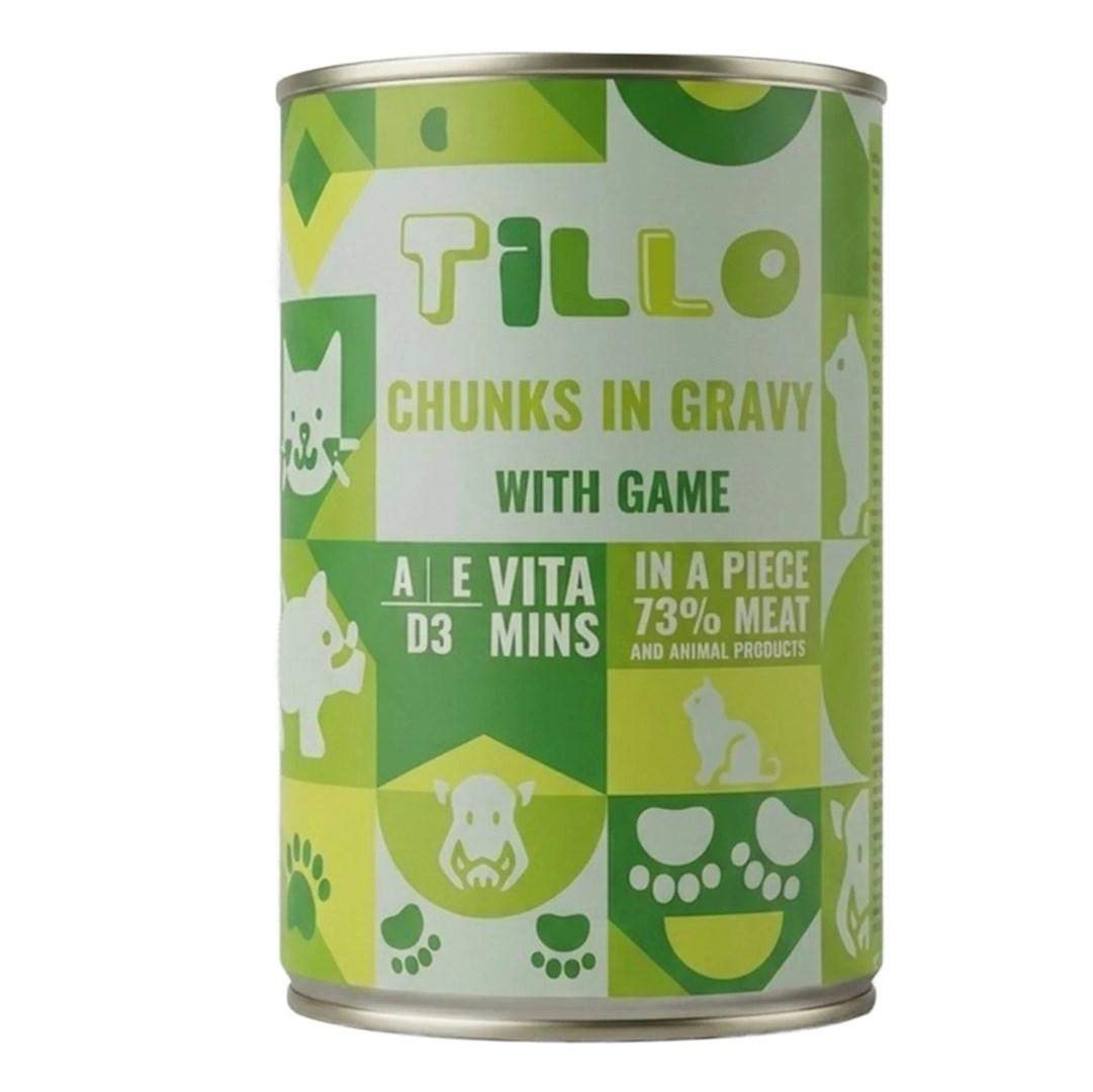 Tillo Chunks in Gravy med vildt - vådfoder til voksne katte, fuldfoder på dåse 415 g