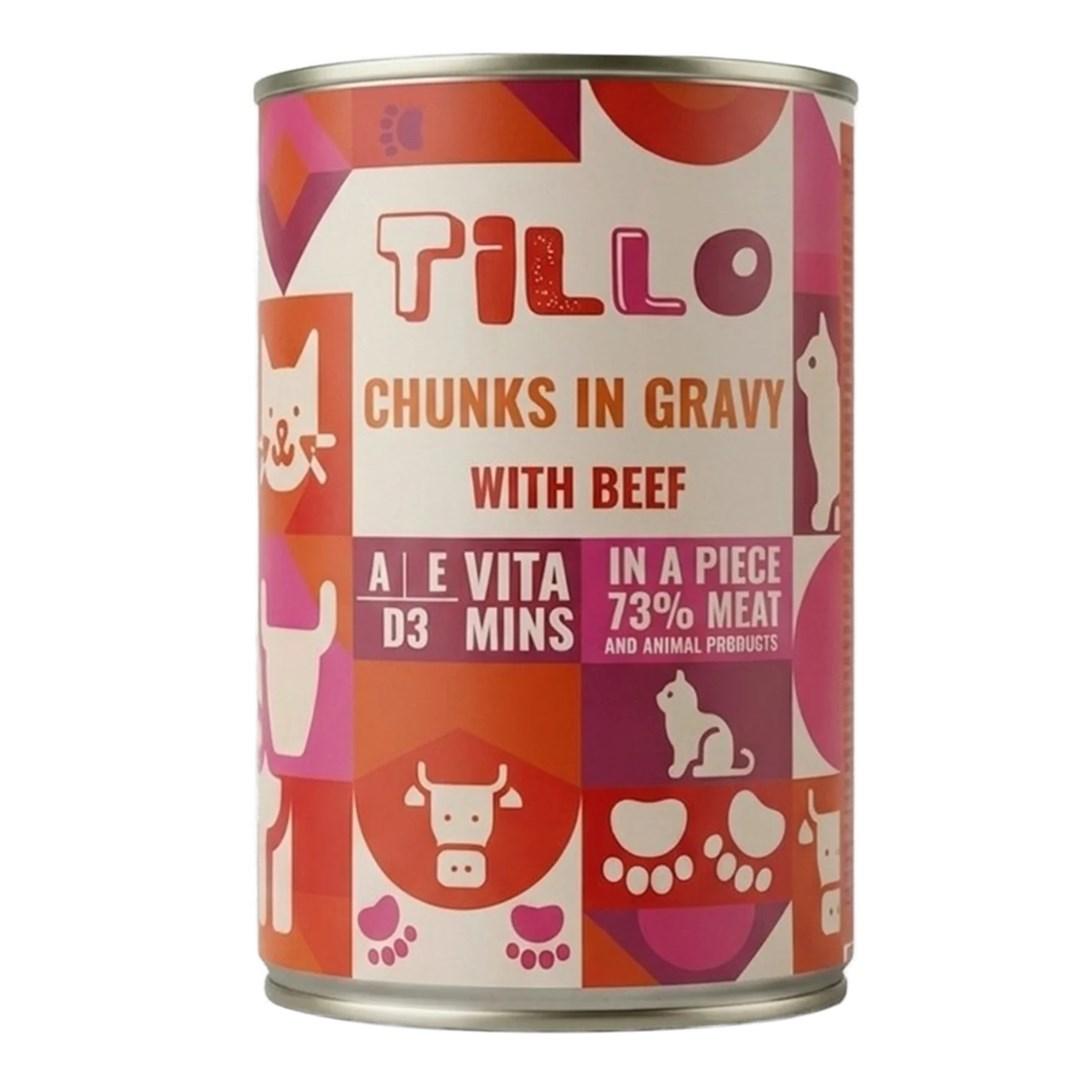 Tillo Chunks in Gravy med oksekød - fuldfoder vådfoder til voksne katte i dåse, 415 g