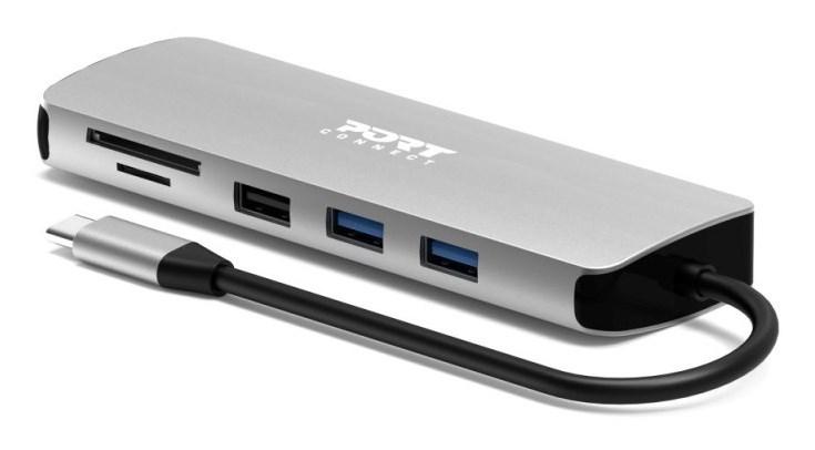 Port Designs 900164 USB-C hub og dockingstation med 4K HDMI, Ethernet og kortlæser - Stainless steel