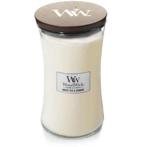 Duftlys WoodWick White Tea & Jasmine - hvid