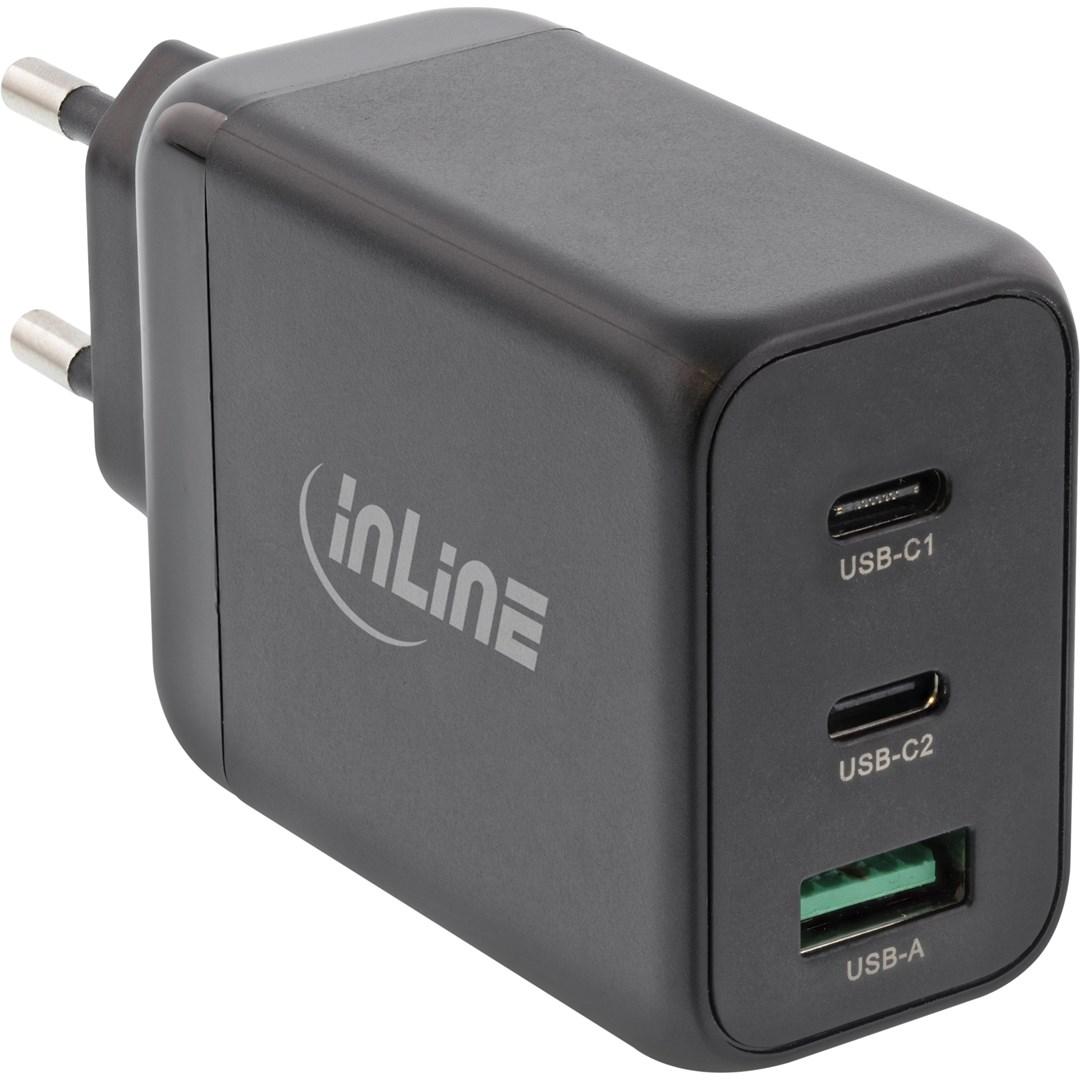 InLine USB PD strømforsyning GaN-oplader med 3 porte, 2 x USB-C + USB-A, 65 W