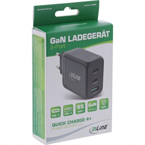 USB PD oplader InLine GaN 65 W - 2 x USB-C og USB-A, sort