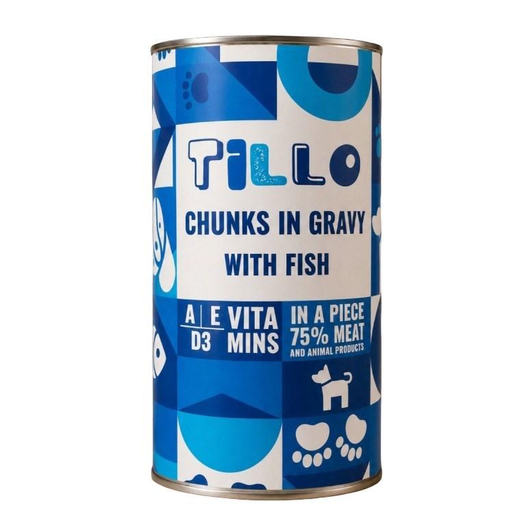 Tillo Chunks i sovs med fisk - vådfoder til voksne hunde, fuldfoder i dåse 1,25 kg