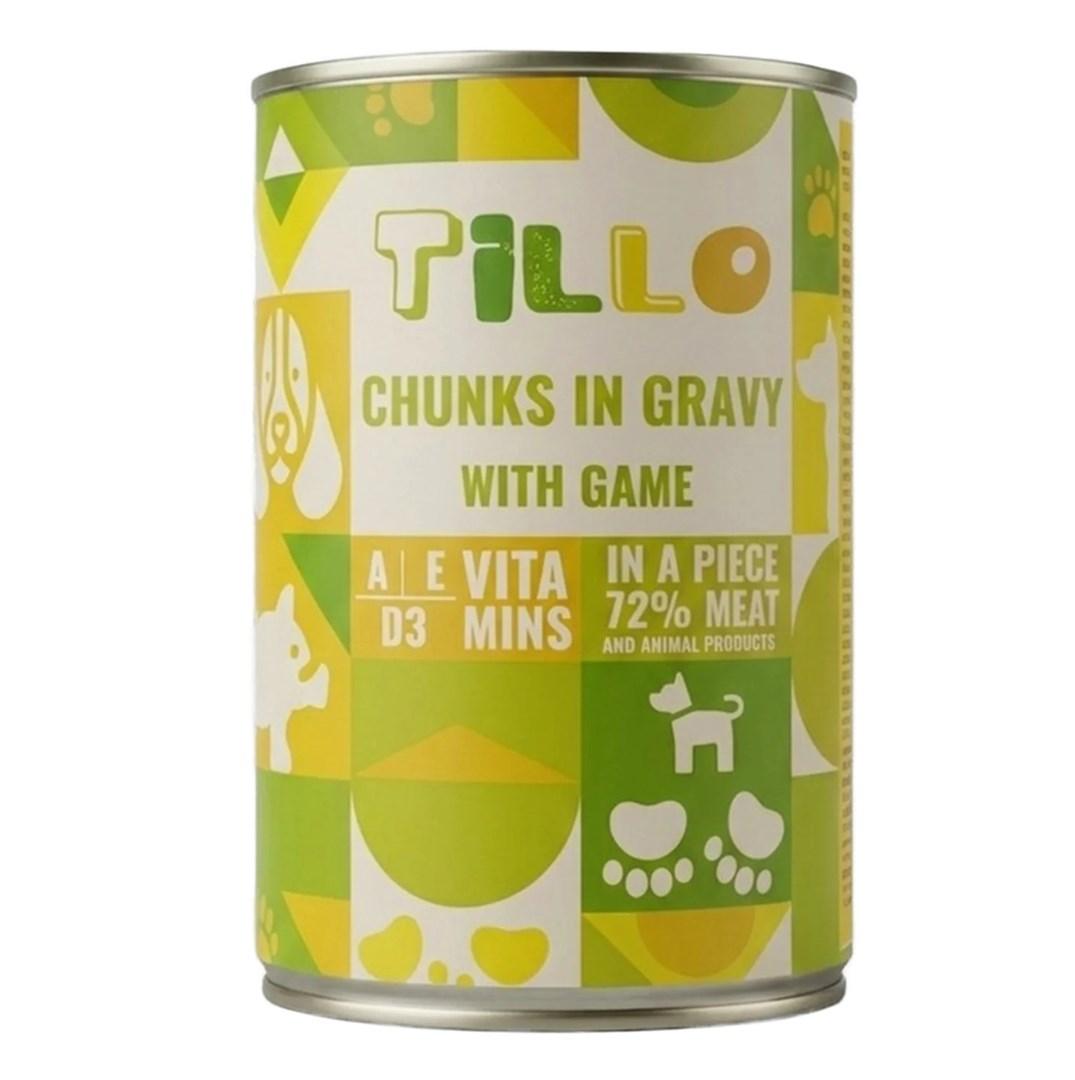 Tillo Chunks in Gravy med vildt - vådfoder til voksne hunde, fuldfoder 415 g