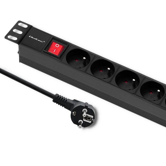 Qoltec PDU strømfordeler til 19'' rack 1U 16 A med 8 franske stik og 2 m kabel