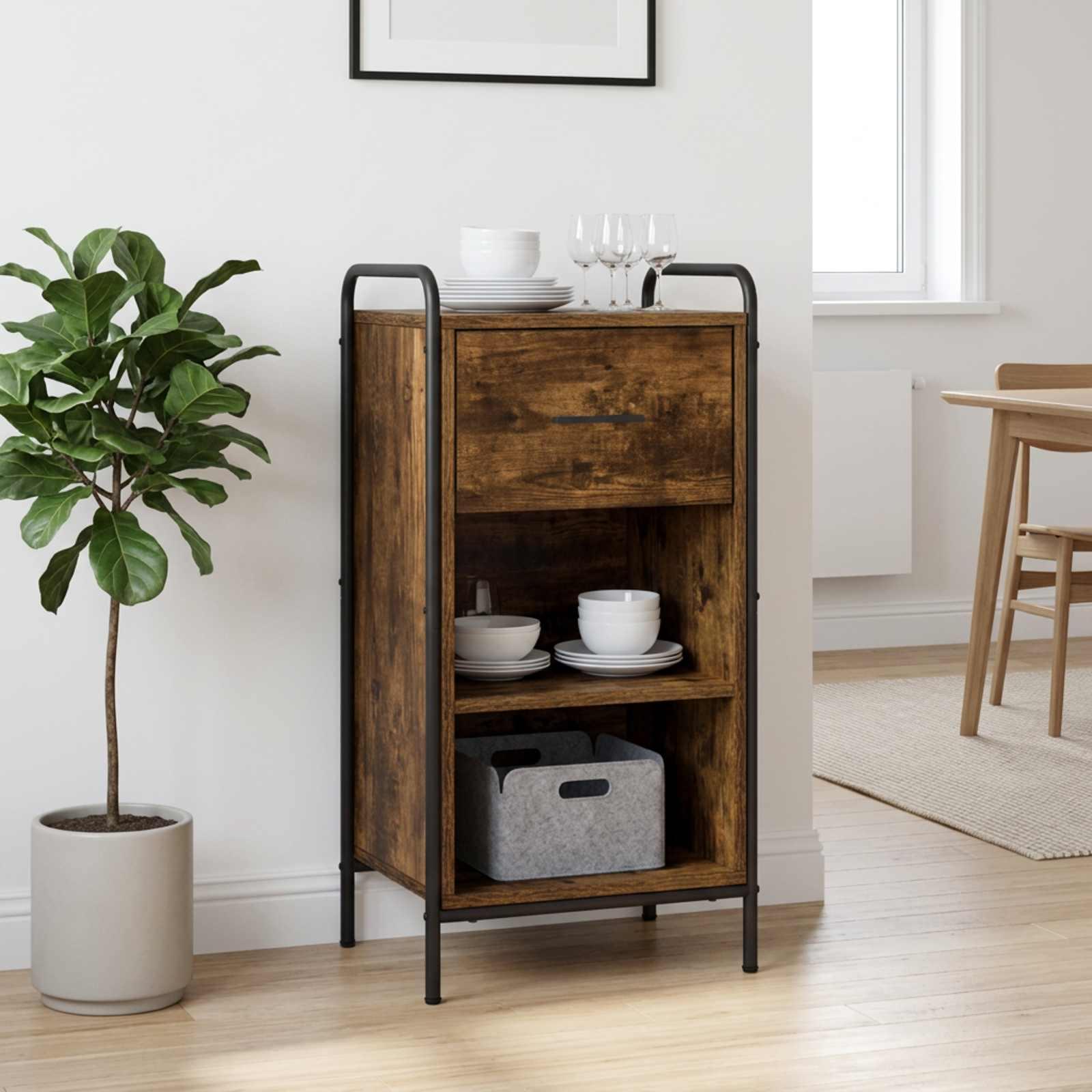 Sideboard i røget eg med skuffe og åbne rum - konstrueret træ og stålramme