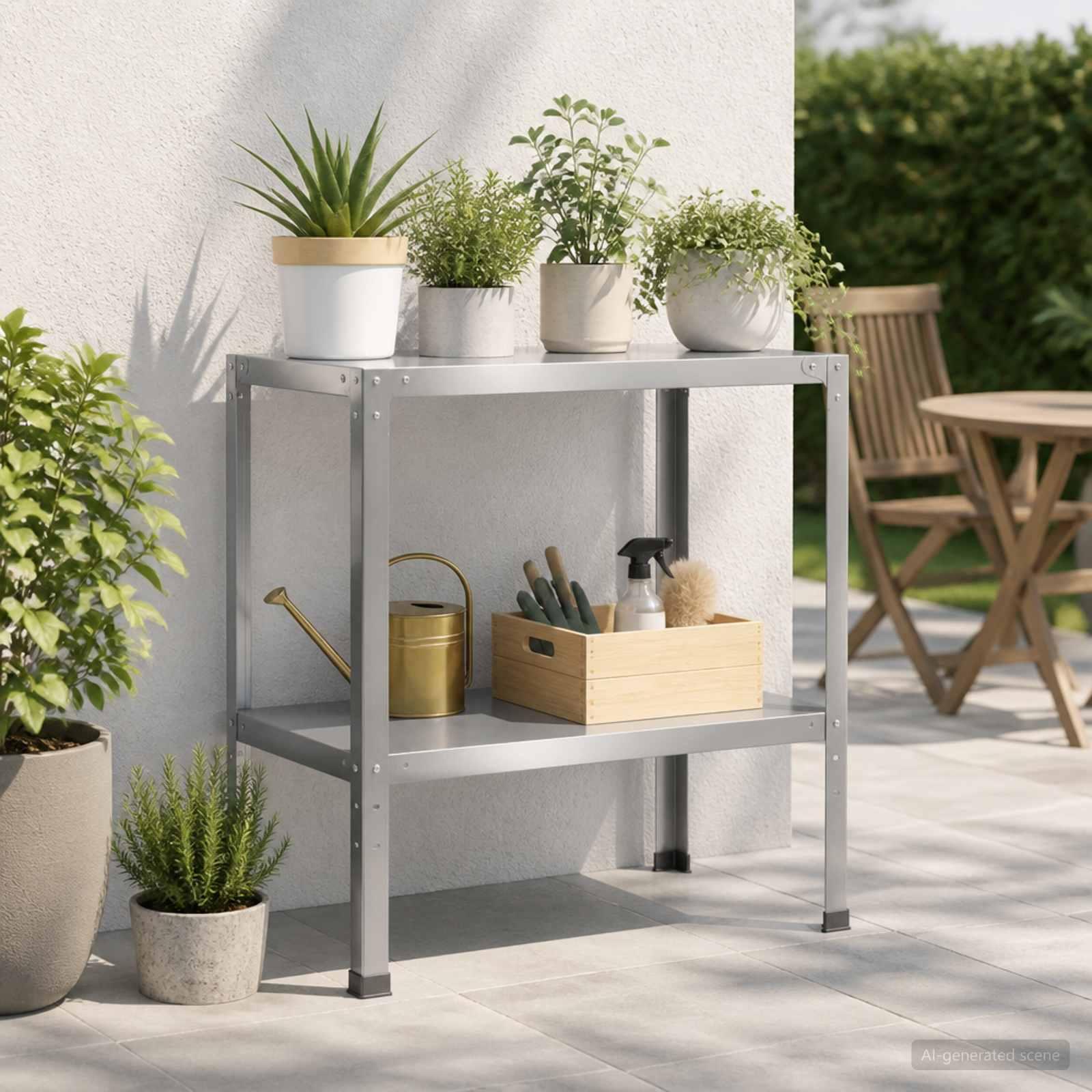 Plantebord i galvaniseret stål 60 x 50 x 80 cm - sølv med hylde til indendørs og udendørs brug