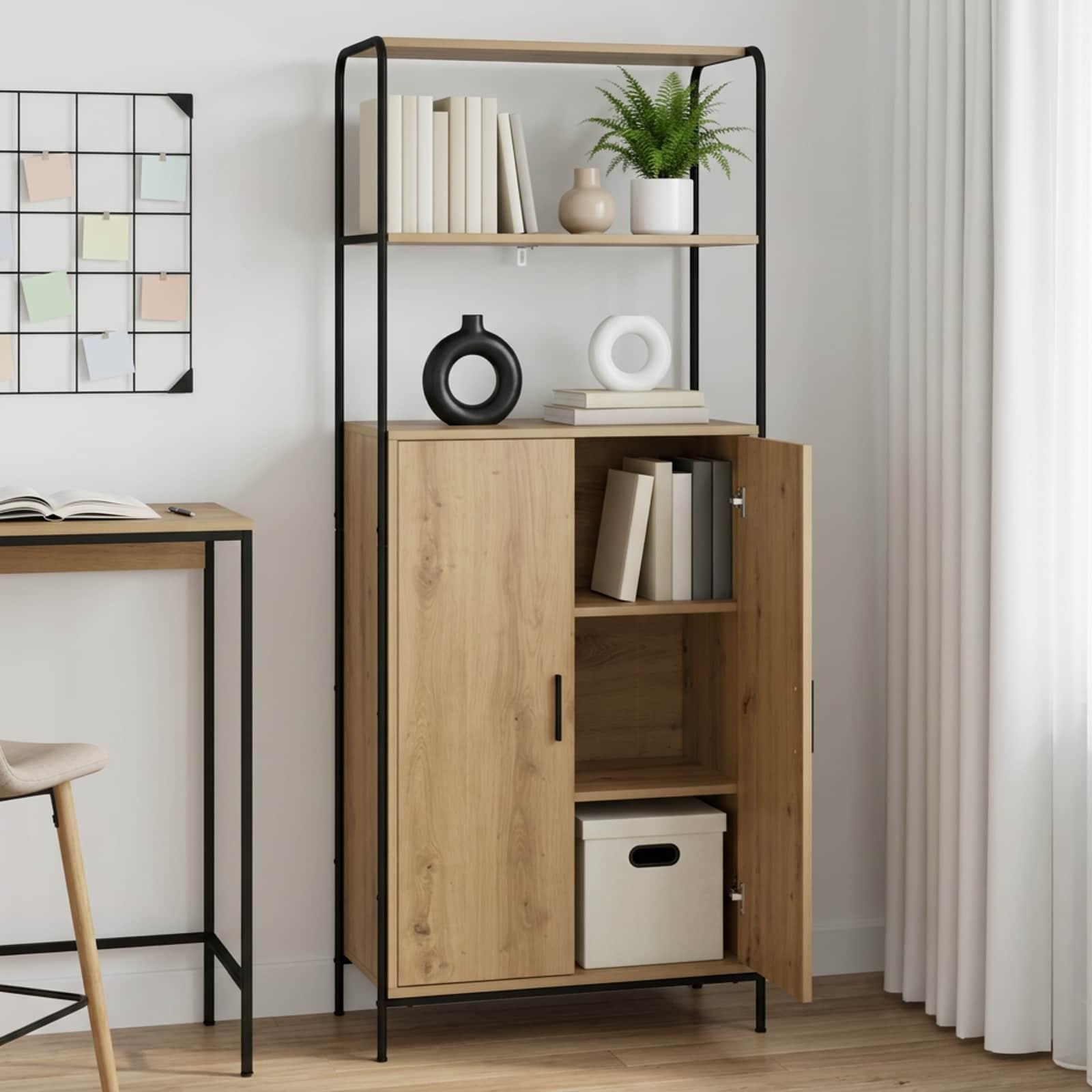 Highboard i artisan-eg med stålramme - højskab i konstrueret træ med opbevaring