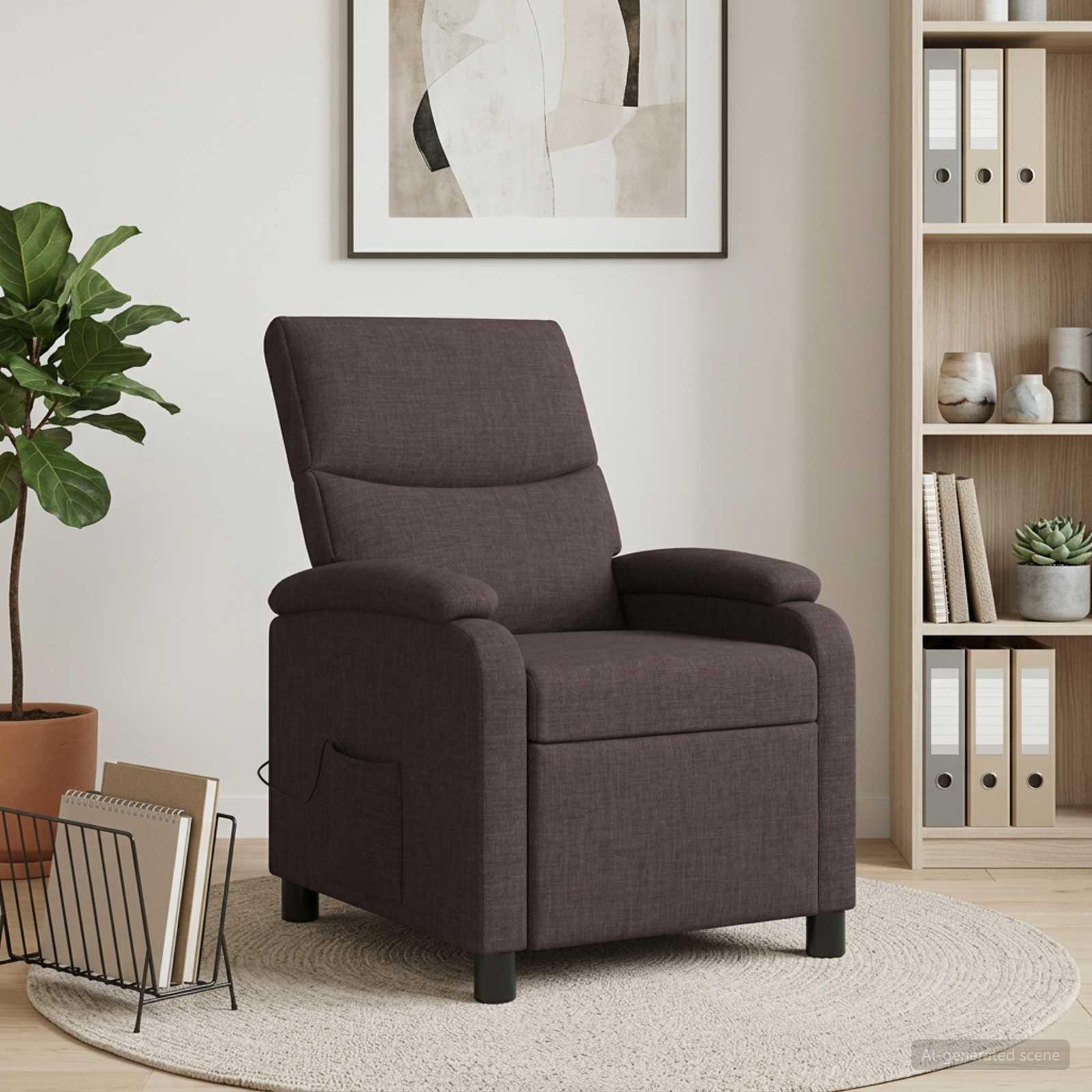 Massagelænestol i mørkebrunt stof - justerbar recliner med 6 massagepunkter og USB
