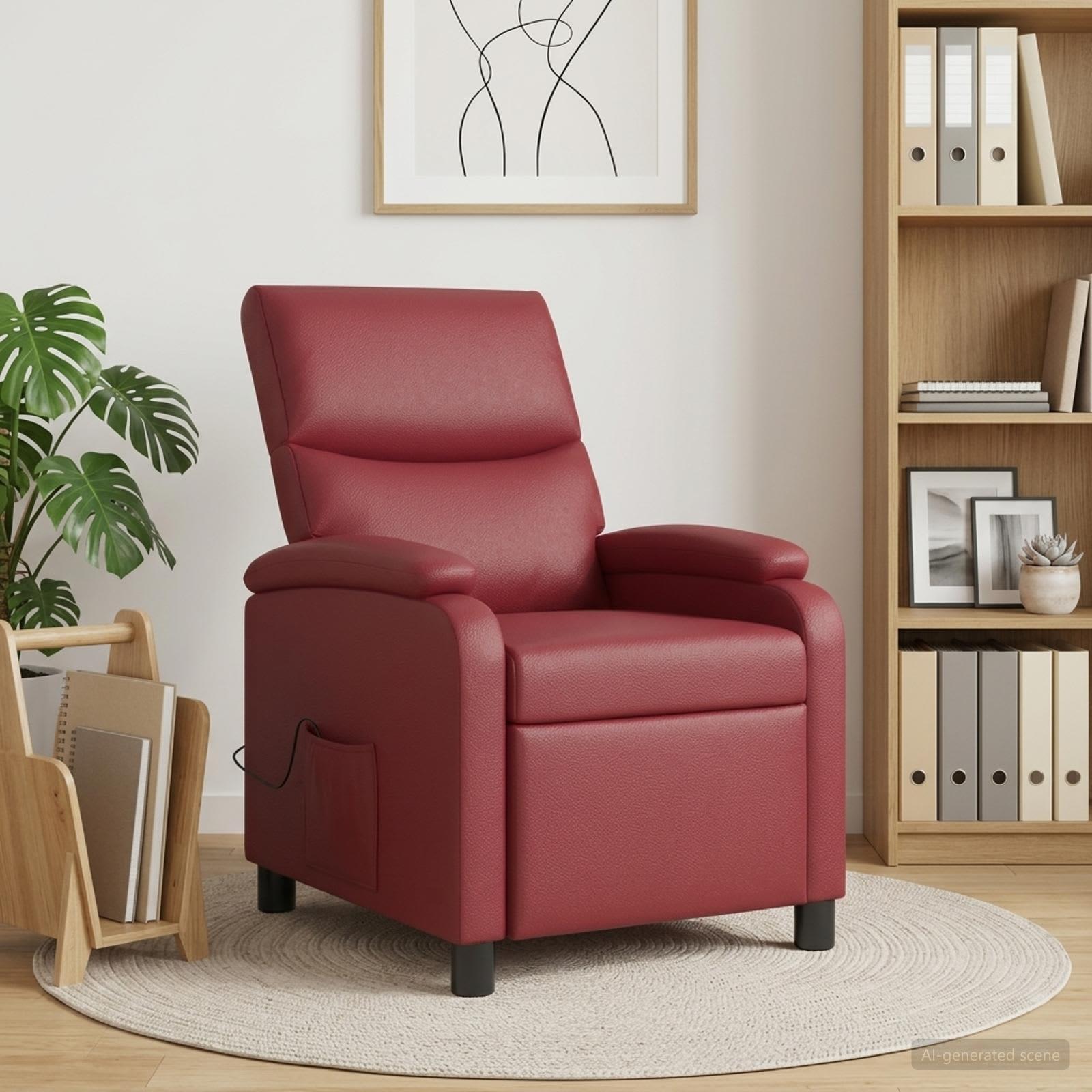 Massagelænestol med reclinerfunktion i vinrød kunstlæder - 6 massagepunkter og USB