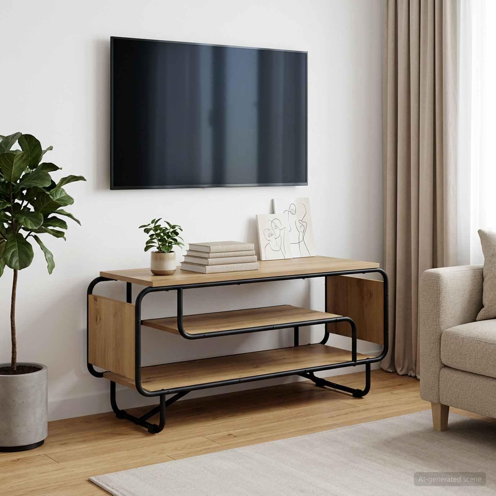 TV-bord 98 x 36 x 45 cm i Artisan-eg med metalstel og åben opbevaring