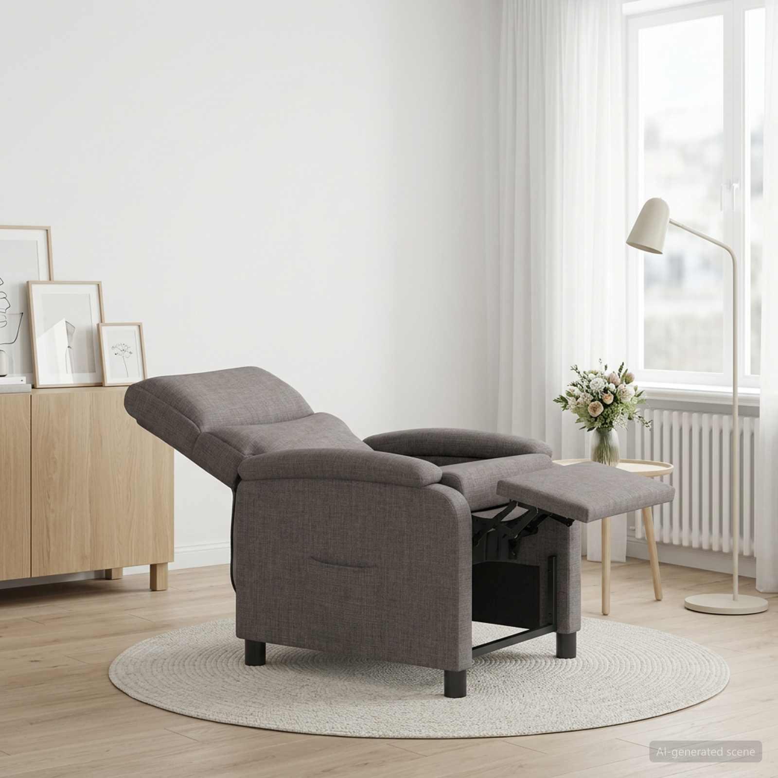 Recliner lænestol i gråbrunt stof - justerbar liggestol med 115-160° ryglæn