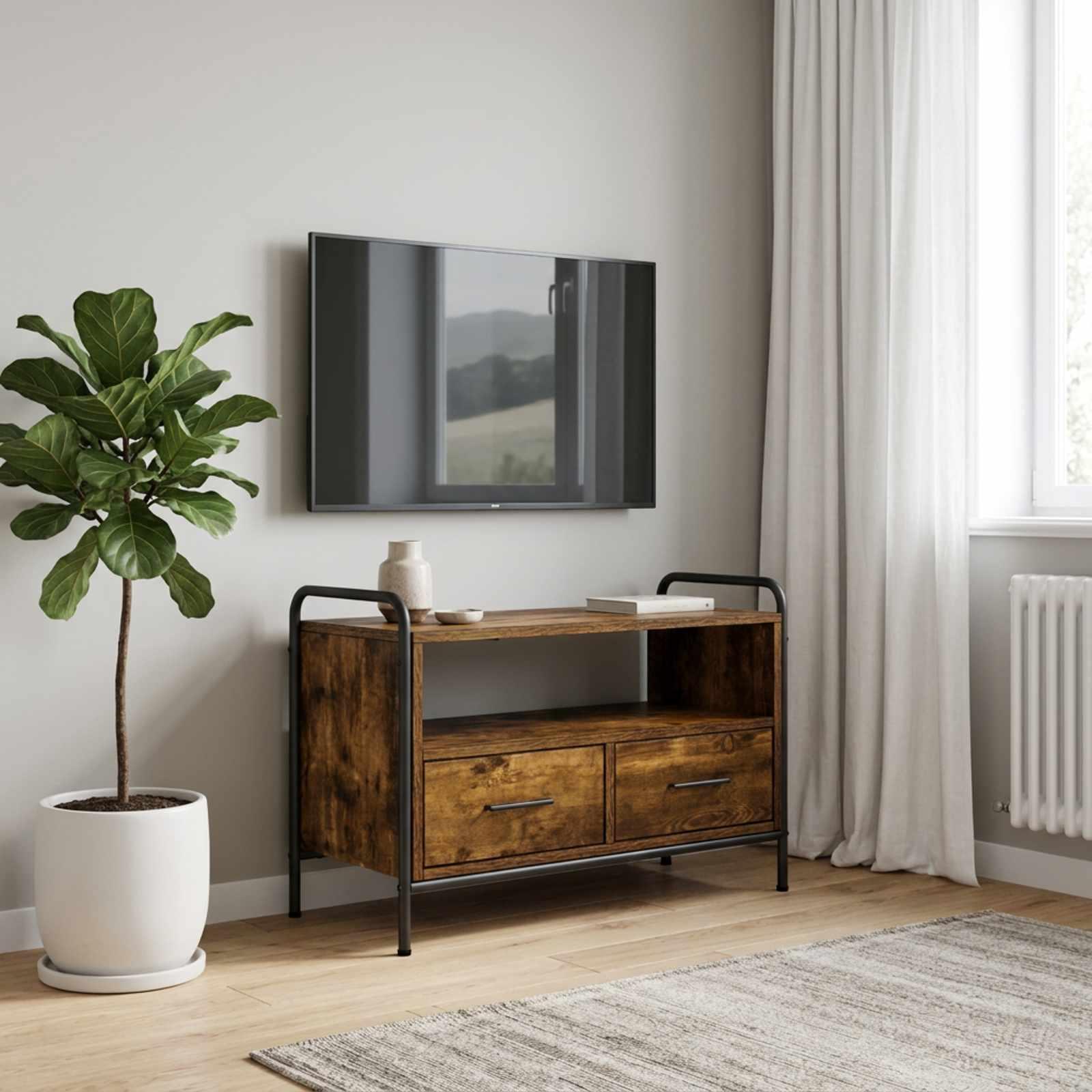 TV-bord med 2 skuffer og åben hylde 67,5 x 33 x 50 cm - røget eg og sort stål