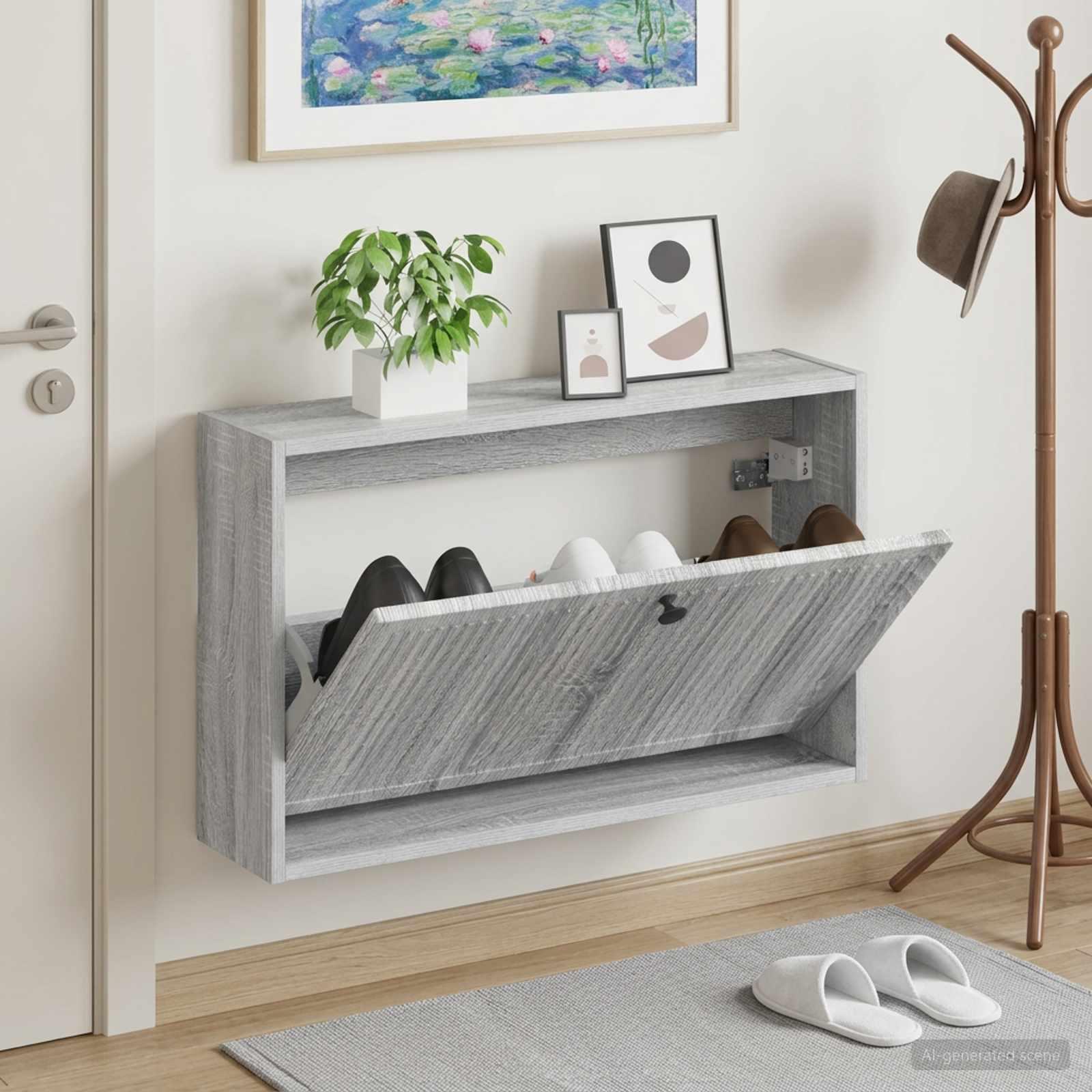 Vægmonteret skoskab EDE 71 x 17 x 43 cm i konstrueret træ med nedklappelig skuffe - grå sonoma