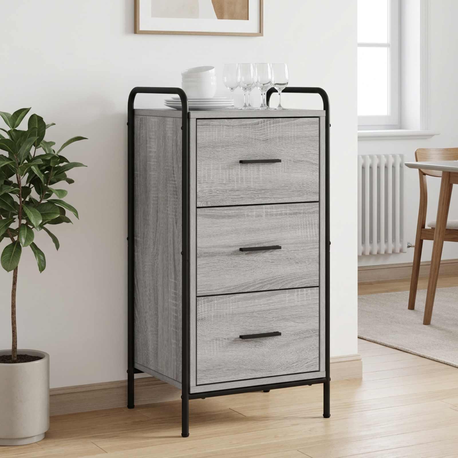 Sideboard med 3 skuffer i grå sonoma - konstrueret træ og stålramme