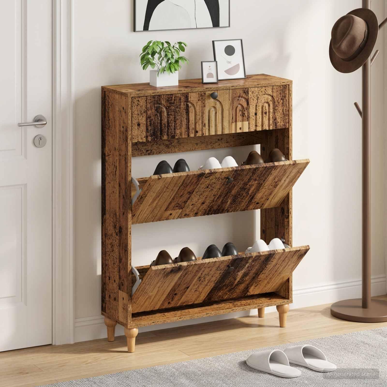 Skoskab ALKMAAR 78 x 24 x 103 cm i konstrueret træ - gammelt træ med slim design