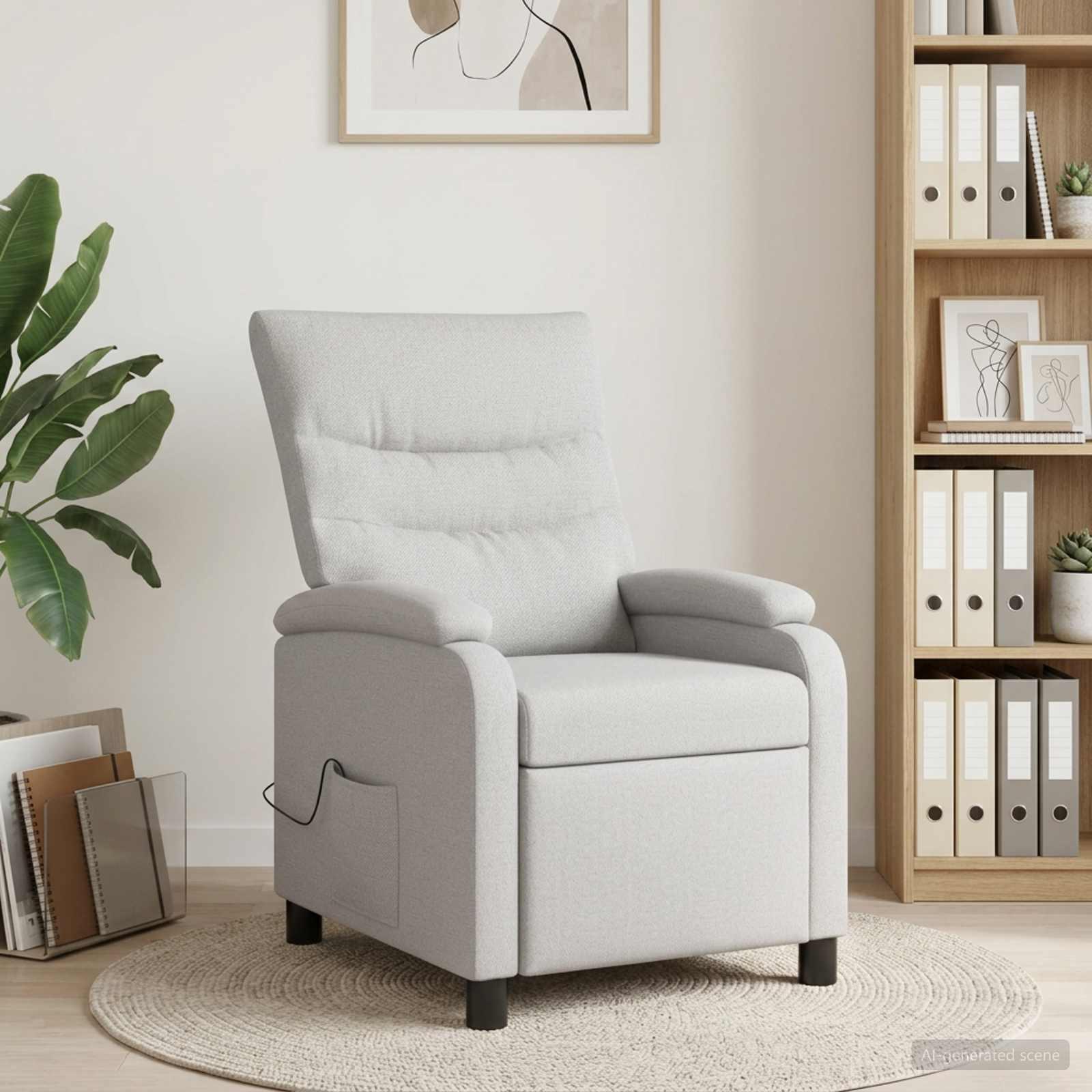Massagelænestol i skygrå stof med reclinerfunktion, 6 massagepunkter og USB-strøm