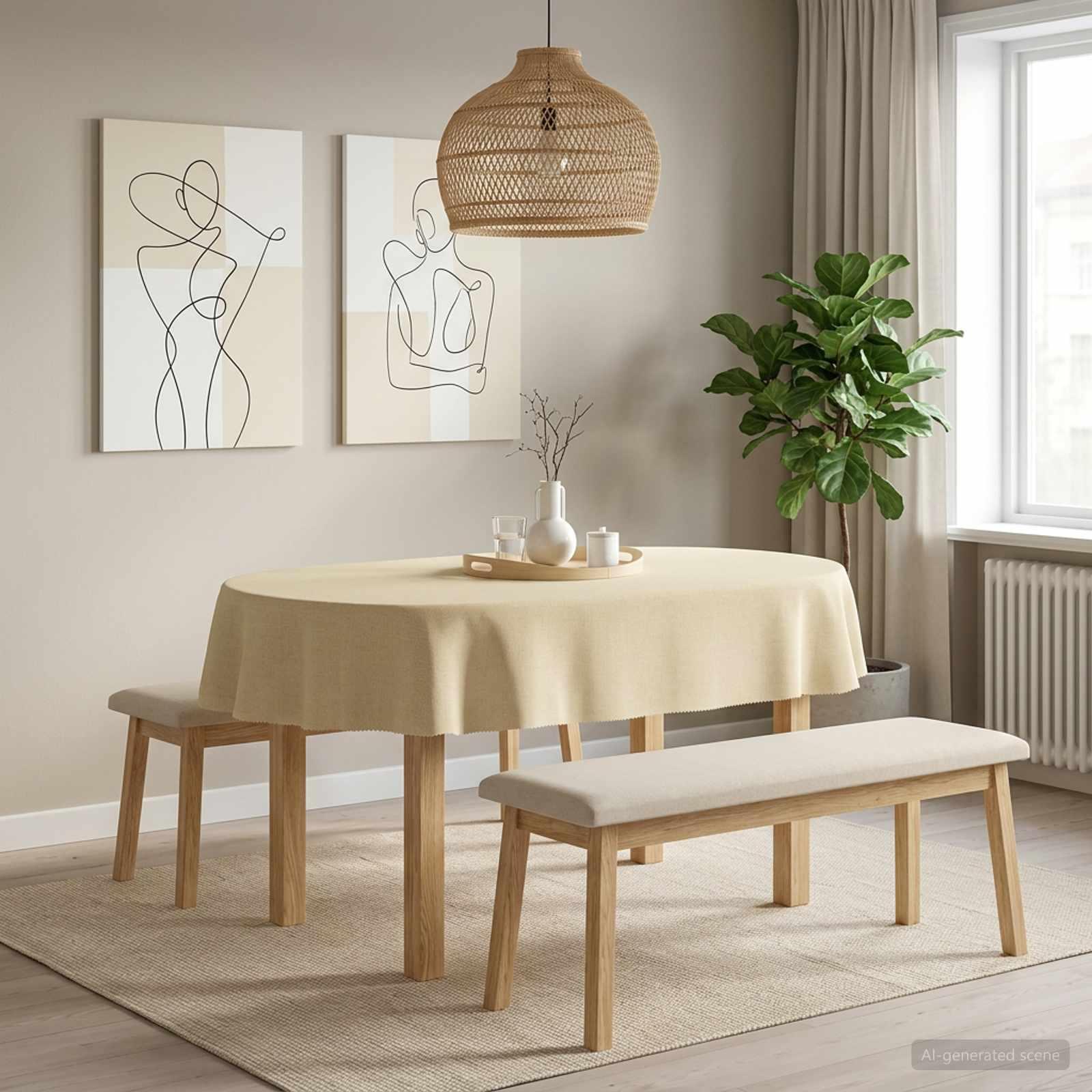 Borddug 5 stk. oval cremehvid 130 x 220 cm i polyester med linnedlook