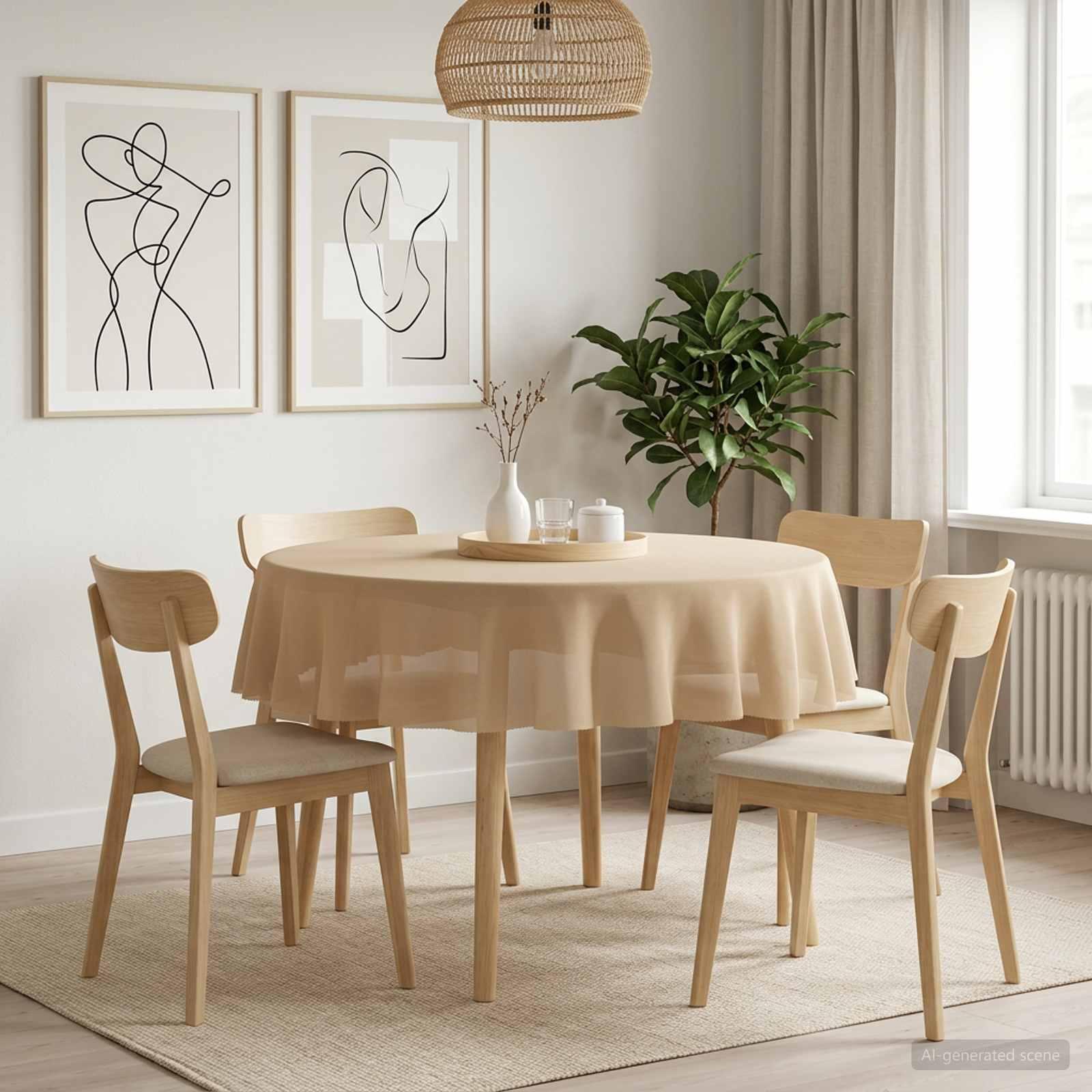 Rund dug 5 stk. - beige bordklæde i polyester med linnedlook, Ø 160 cm