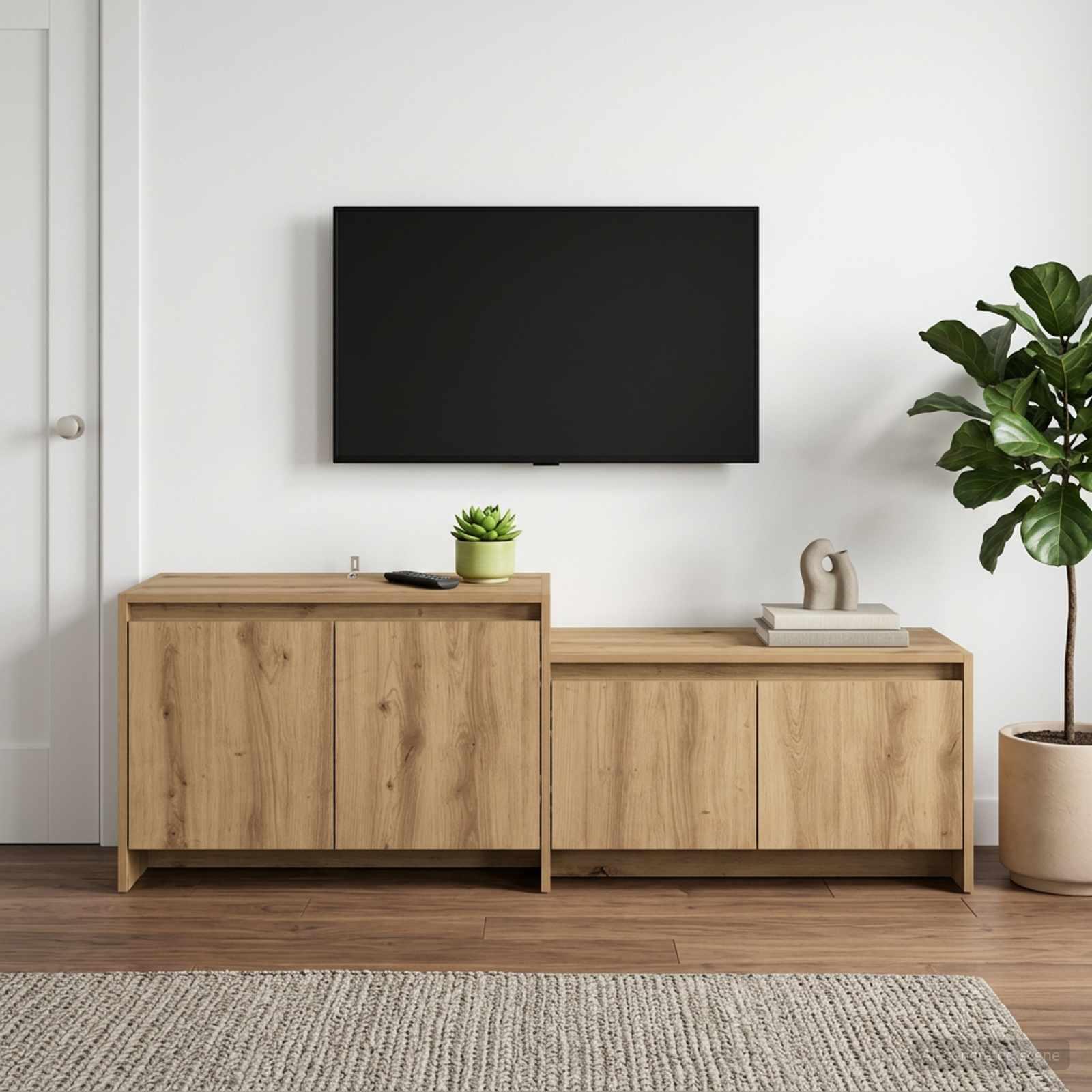 TV-skab 147 x 35 x 50 cm i Artisan-eg - væghængt TV-bord med 2 låger i konstrueret træ