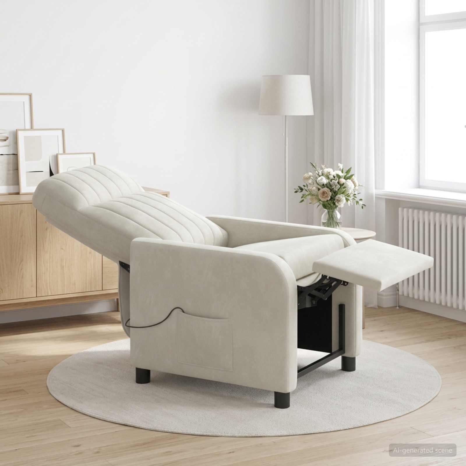 Massage lænestol i cremefarvet velour med recliner og 6 massagepunkter
