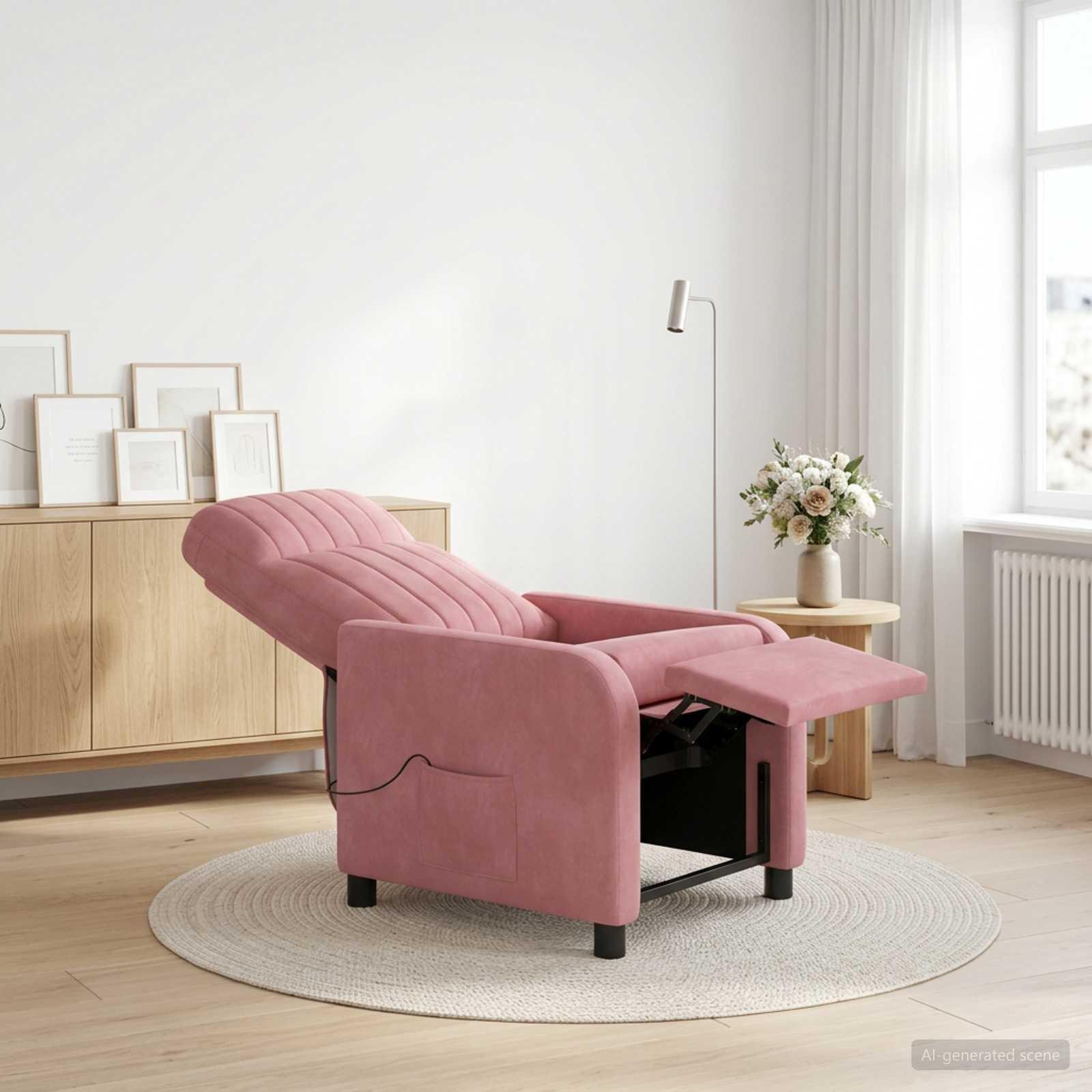 Massagelænestol i lyserød velour - justerbar recliner med liggefunktion og 6 massagepunkter