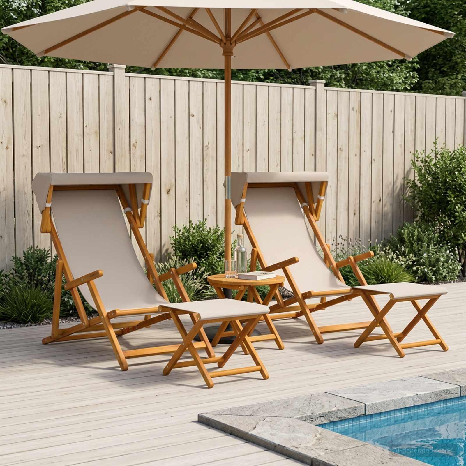 Liggestole med fodskammel 4 dele i massiv eucalyptus og beige polyester
