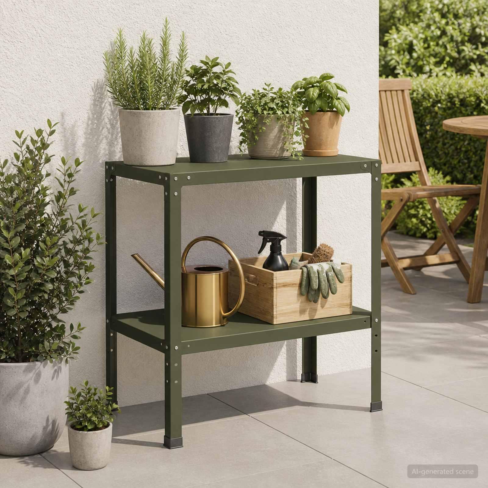 Plantebord 100 x 50 x 80 cm i pulverlakeret stål - olivengrønt havearbejdsbord med hylde