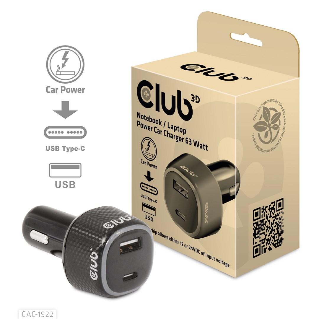 CLUB3D CAC-1922 biloplader 63 W med USB-A og USB-C til 12-24 V biludtag - sort