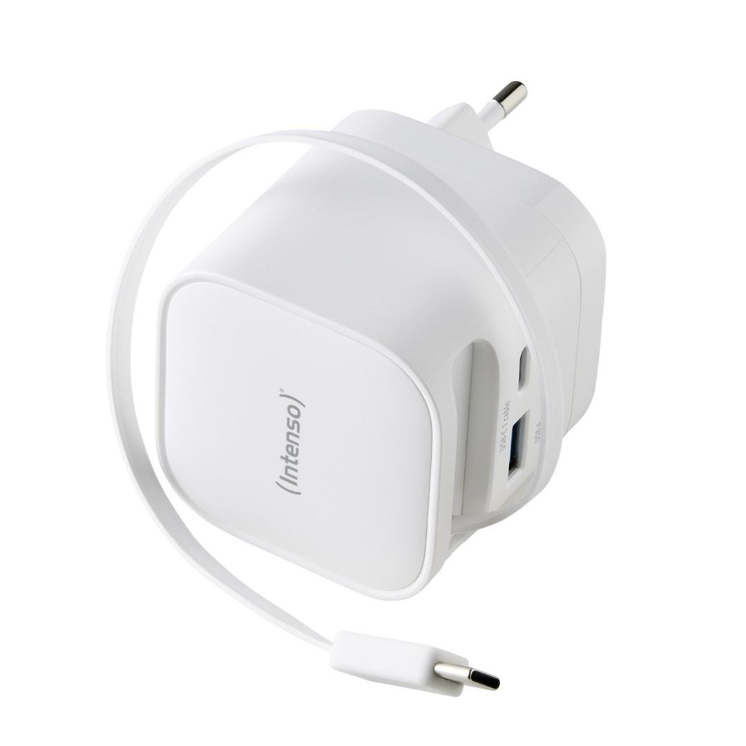 Intenso W65AC1C GaN strømadapter 65 W med udtrækkeligt USB-C-kabel, 2 USB-porte, Type C-stik