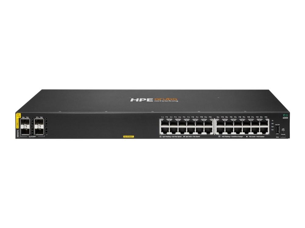 HPE Aruba Networking CX 6000 24p 10M/100M/1G Class4 PoE 4p SFP 1G 370W Switch - Switch - Administreret - 24 x 10/100/1000 (PoE+) + 4 x Gigabit SFP (uplink) - side til side-luftstrøm - monterbar på stativ, væg-monterbar - PoE+ (370 W) - BTO