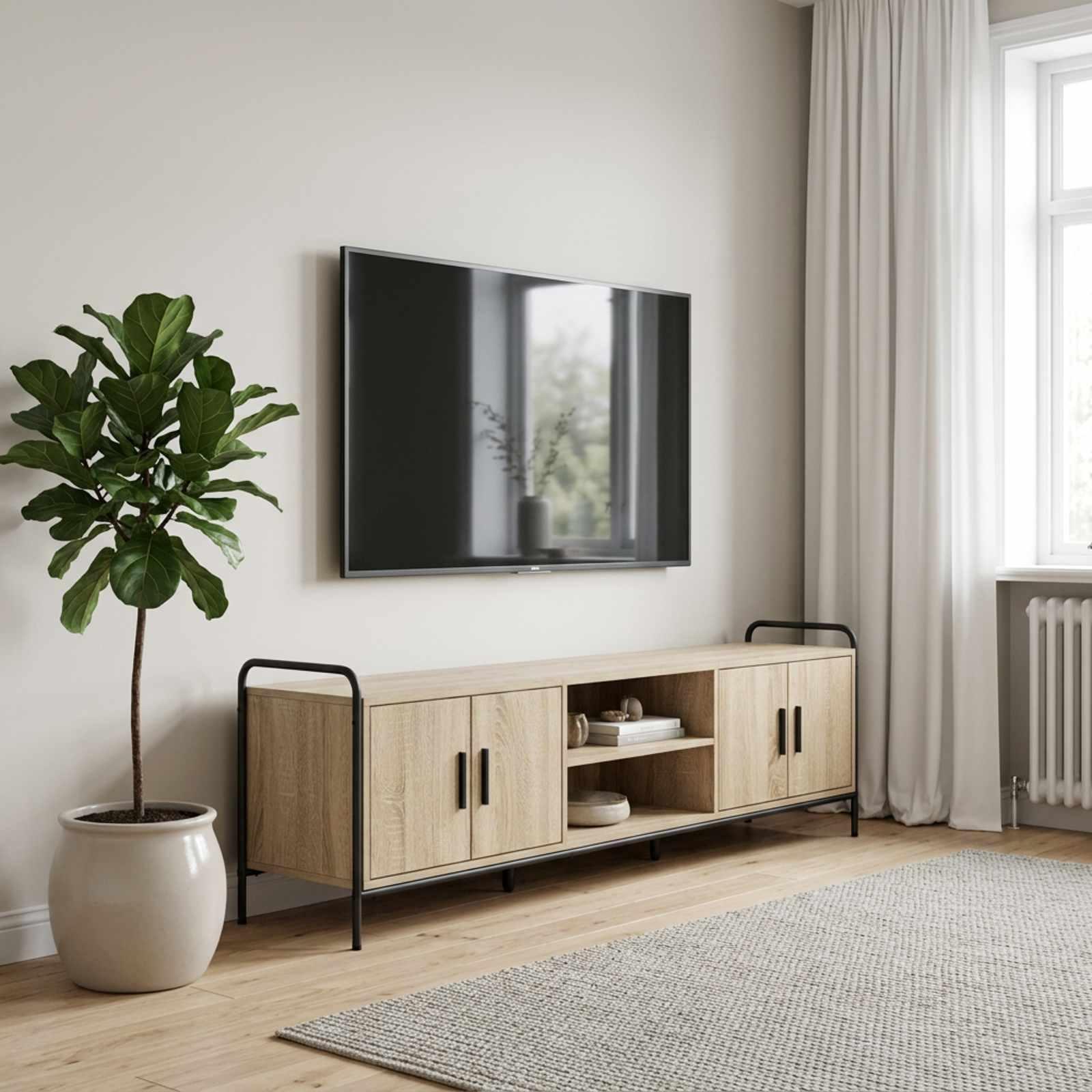 TV-skab i Sonoma-eg 167,5 x 33 x 50 cm - TV-bord med 4 døre, åbne hylder og stålramme