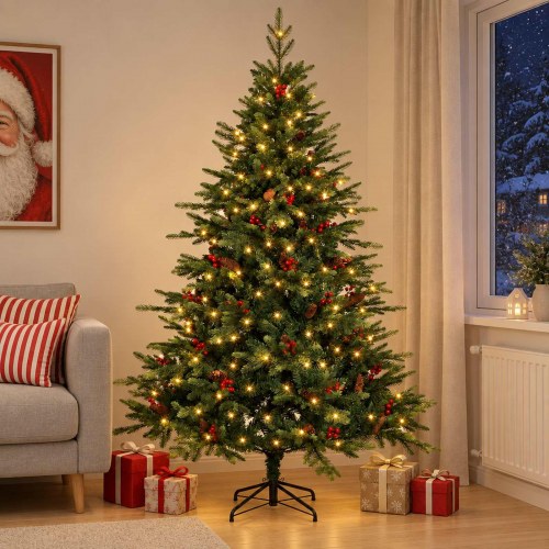 Kunstigt hængslet juletræ med 150 LED - 150 cm, varm hvid