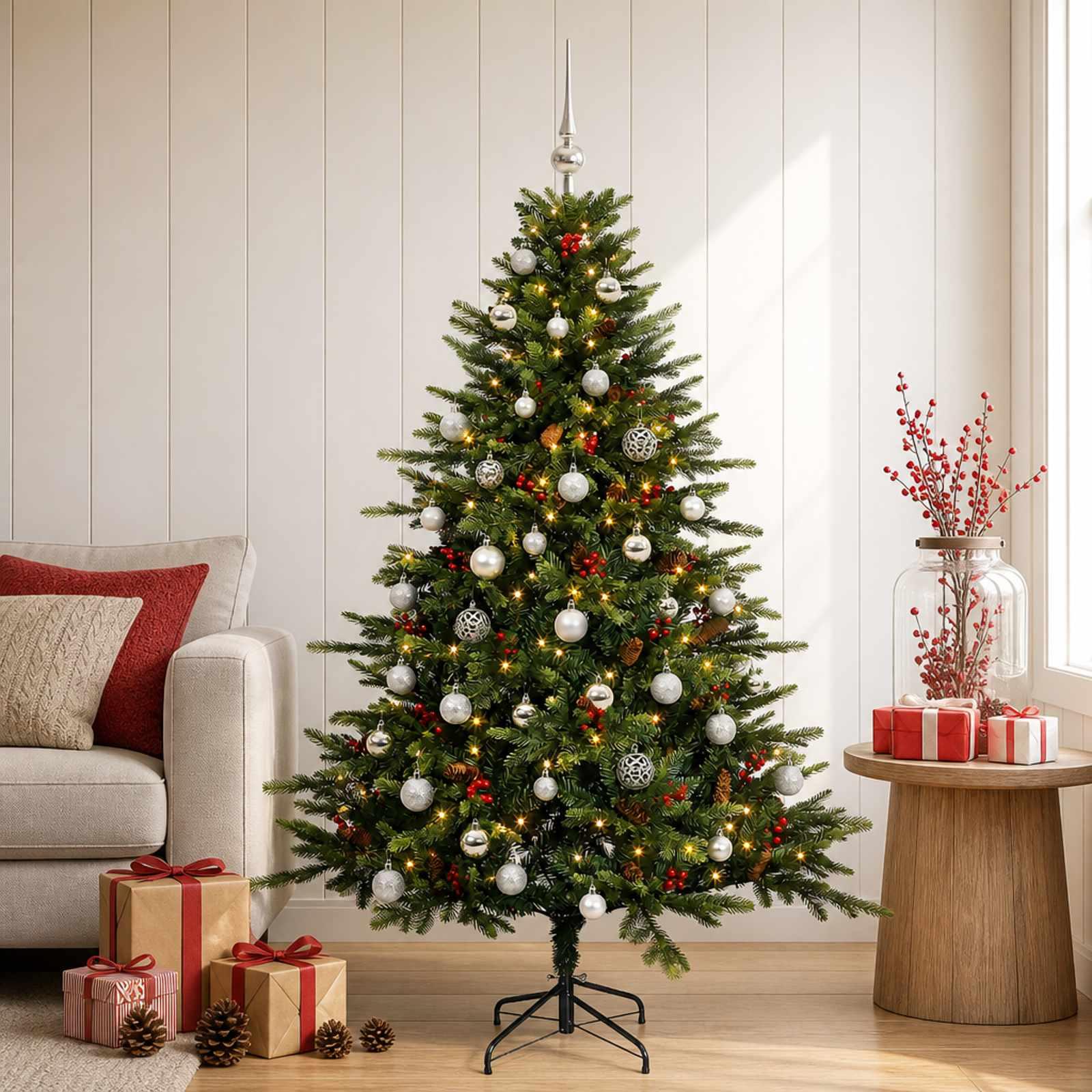 Kunstigt juletræ med julekugler og 150 LED'er 150 cm - varm hvid