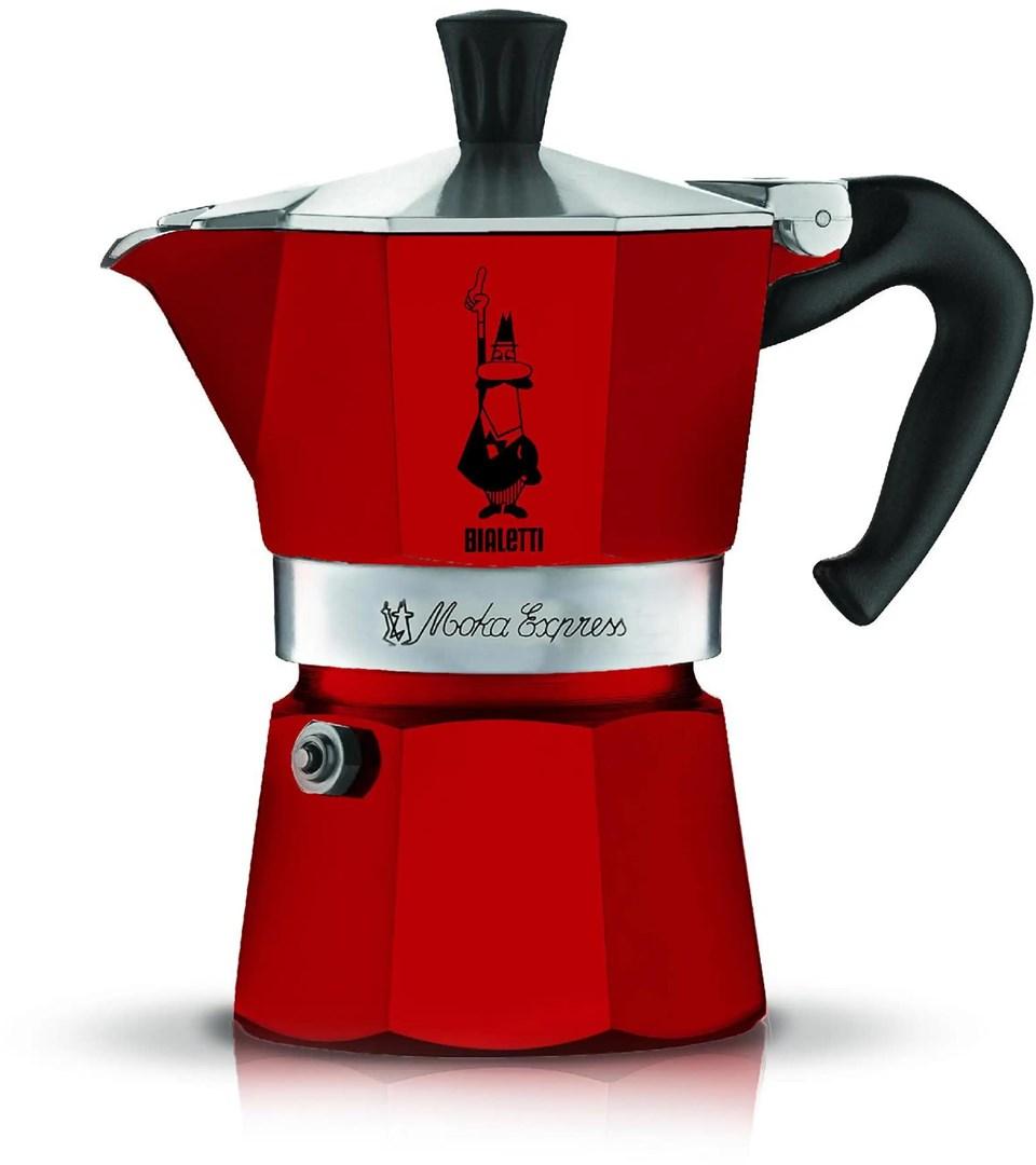 Bialetti Moka Express mokakande til 3 kopper 130 ml - rød kaffebrygger i aluminium