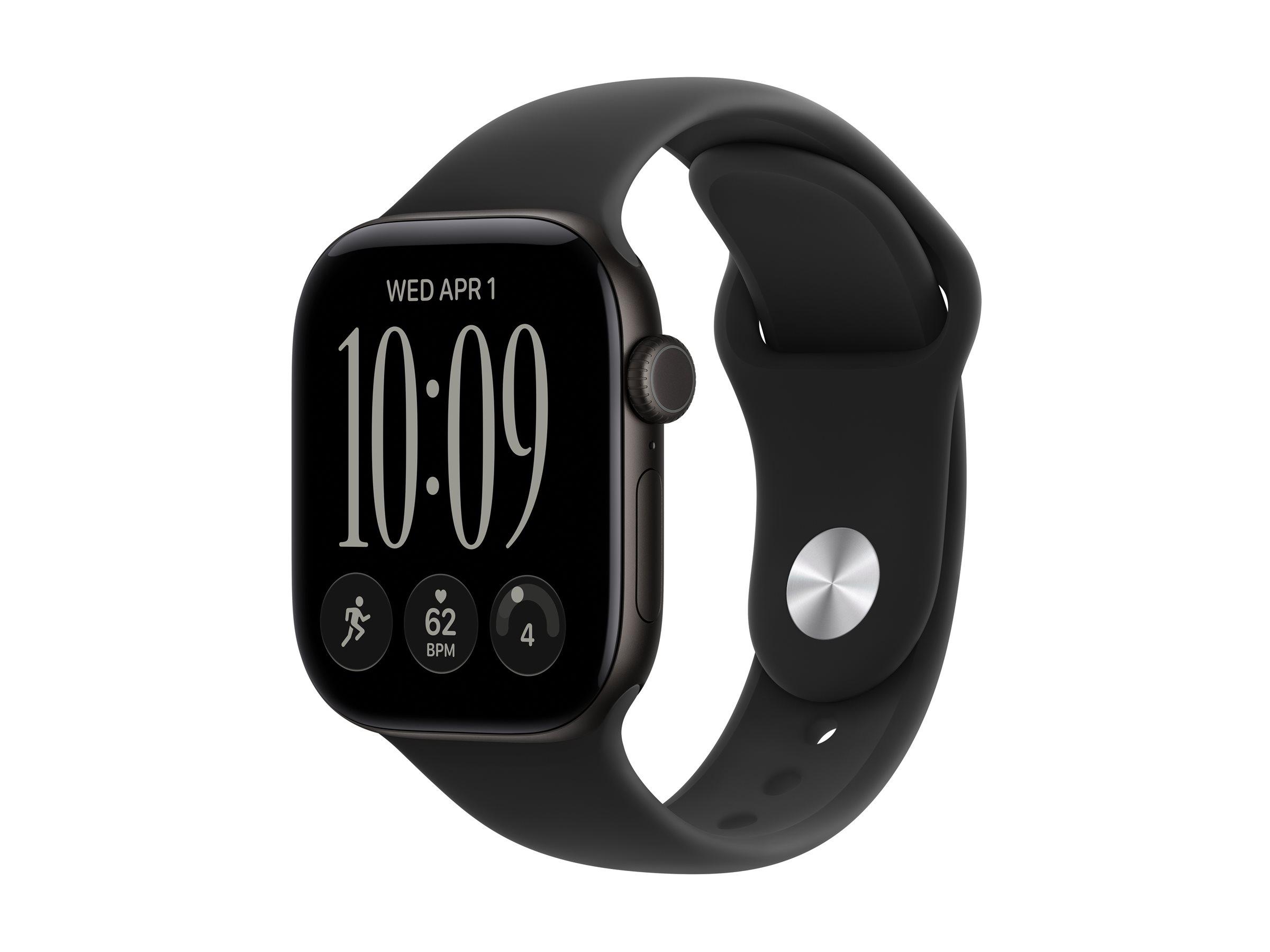Apple Watch Series 12 (GPS) - 42 mm - sort aluminium - smart ur med sportsbånd - gummi - sort - båndstørrelse: M/L - 64 GB - Bluetooth, Wi-Fi 4, UWB - 32.2 g