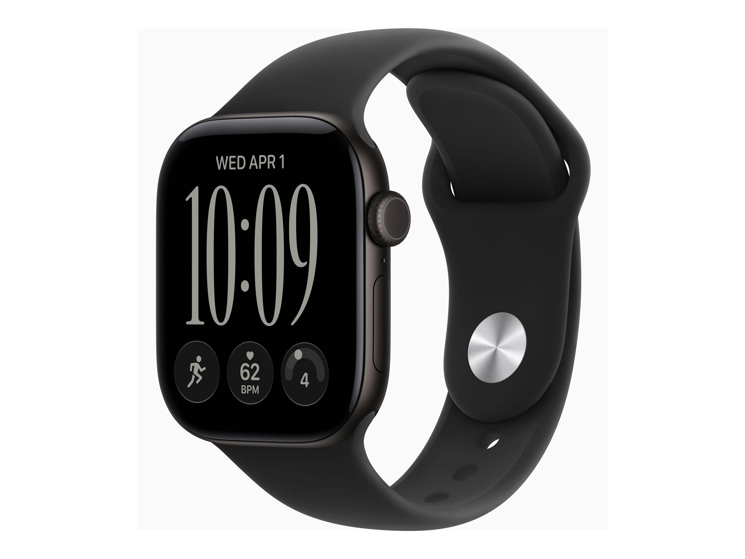 Apple Watch Series 12 (GPS) - 42 mm - sort aluminium - smart ur med sportsbånd - gummi - sort - båndstørrelse: S/M - 64 GB - Bluetooth, Wi-Fi 4, UWB - 32.2 g