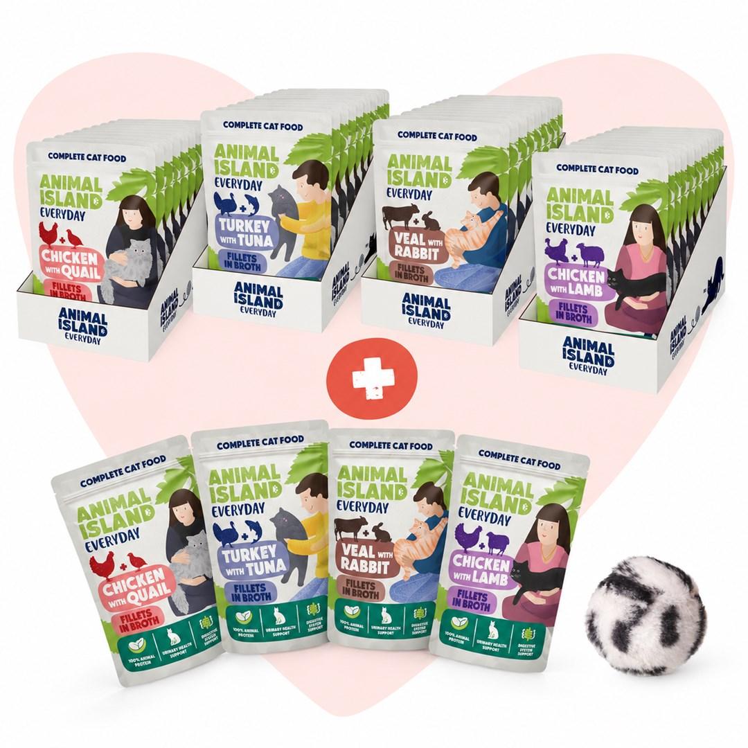 Vådfoder til kat ANIMAL ISLAND Everyday Love Box fileter i bouillon + legetøj - 48 x 85 g