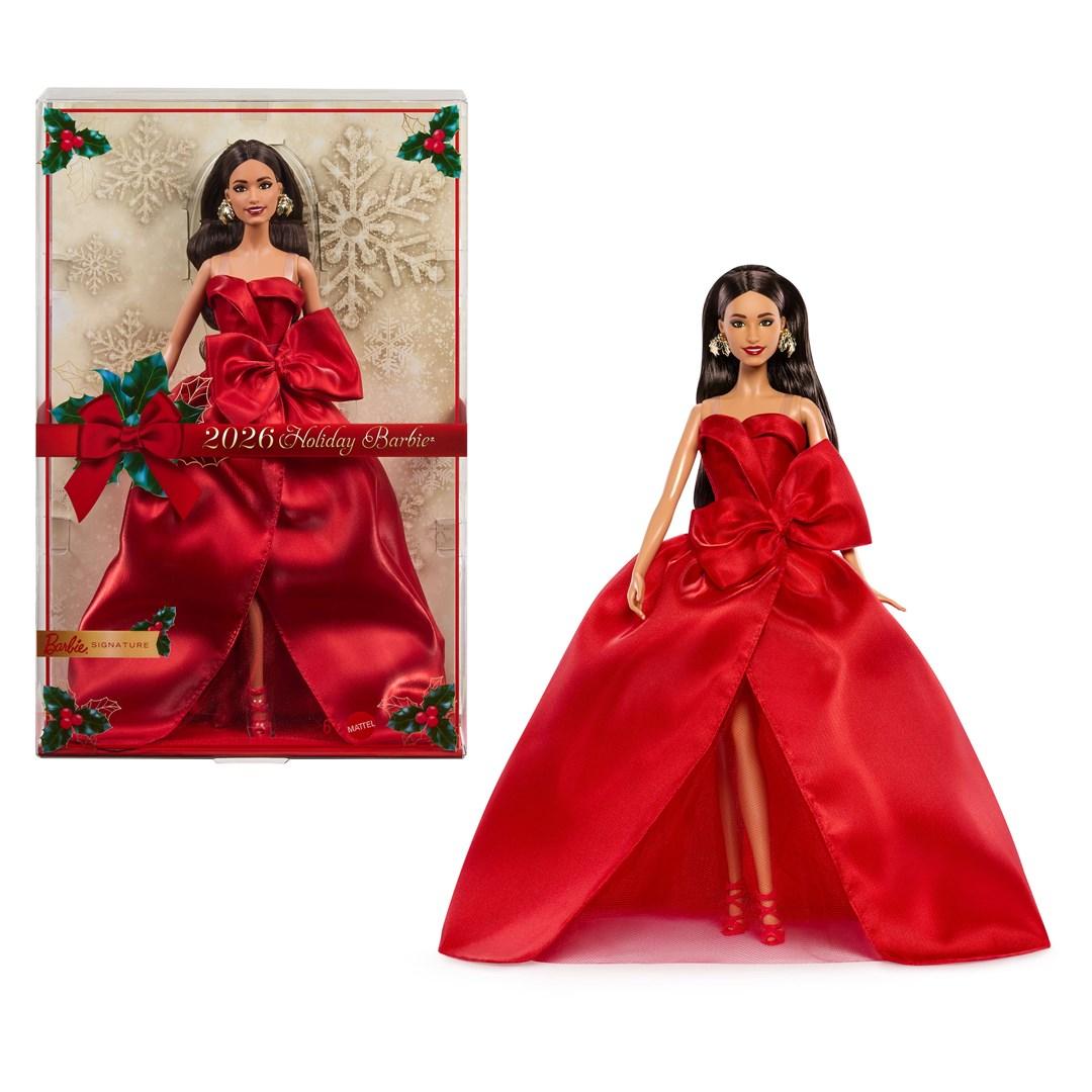 Modedukke Barbie Signature 2026 Holiday Barbie - brunt hår, rød kjole
