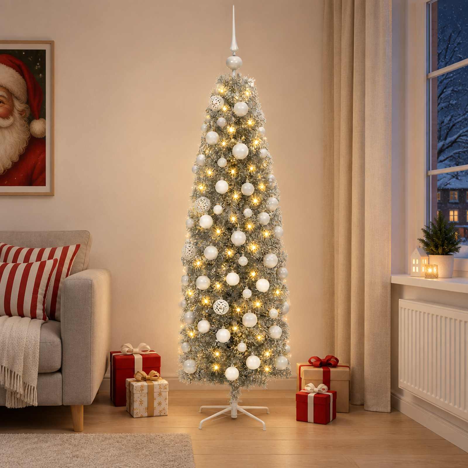 Kunstigt slankt juletræ med julekugler og LED - sølv, 180 cm