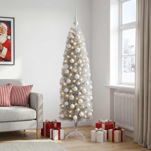 Kunstigt slankt juletræ med julekugler og LED - sølv, 180 cm