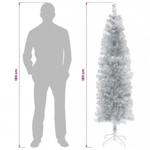 Kunstigt slankt juletræ med julekugler og LED - sølv, 180 cm