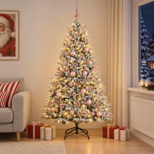 Kunstigt juletræ med julekugler og LED - 240 cm, varm hvid