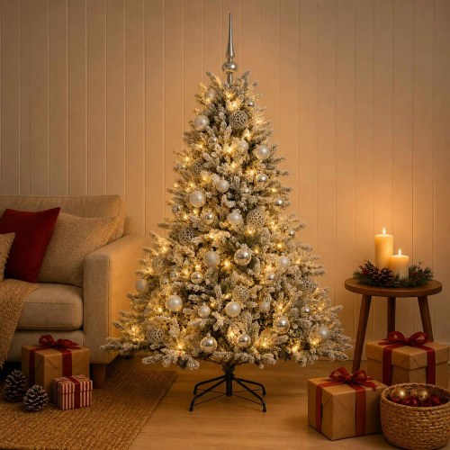 Kunstigt juletræ med julekugler og LED 120 cm - varm hvid