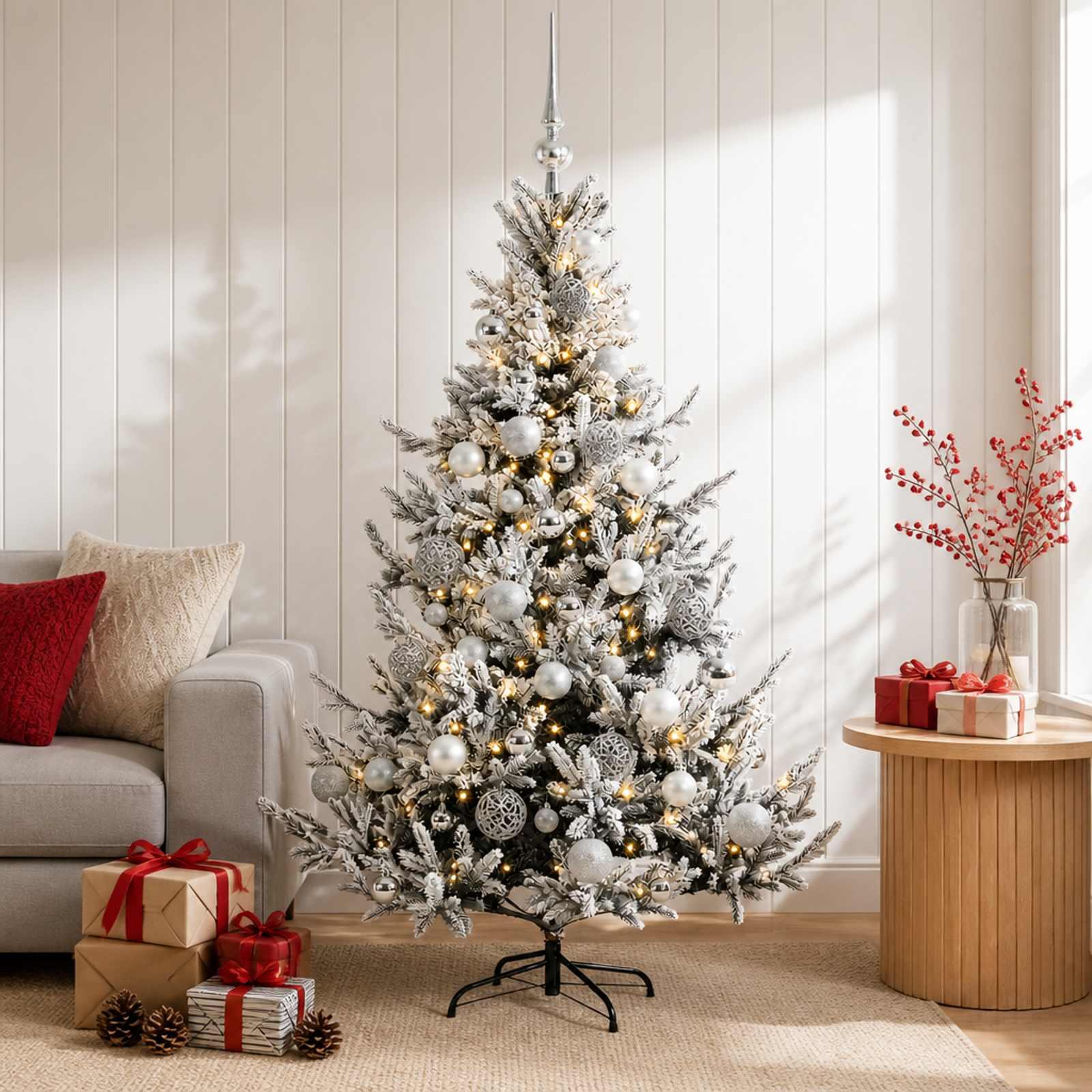 Kunstigt juletræ med kugler og 150 LED - 150 cm, grøn/hvid